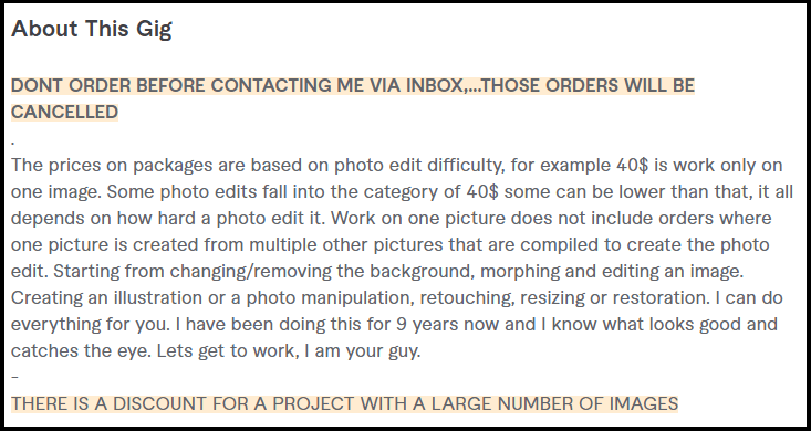 Fiverr Gig Description for Photo Editing