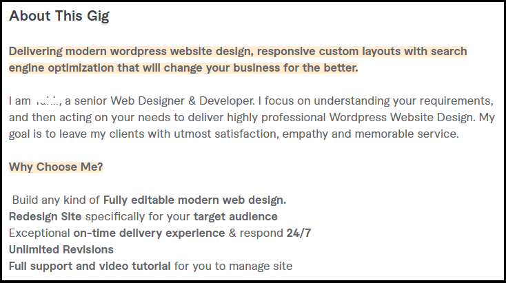 Fiverr Gig Description for Web Developer